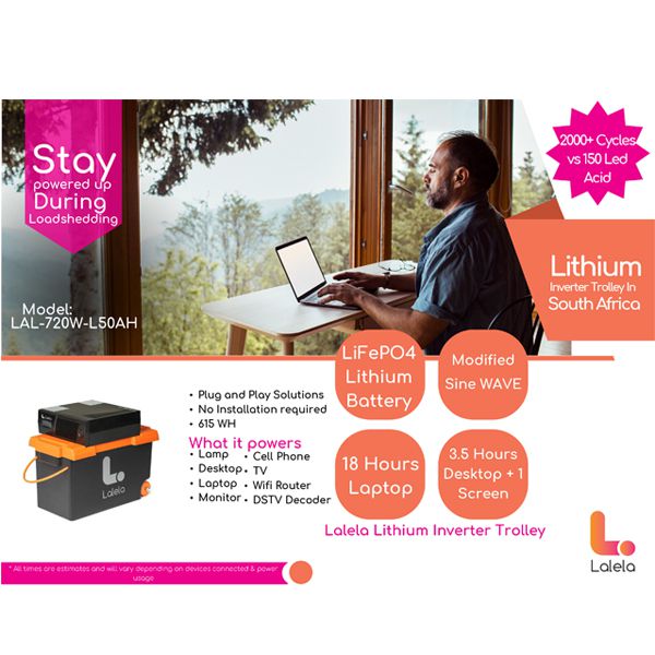 Lalela Lithium Trolley Inverter 600W 615Wh Modified Sinewave 50Ah